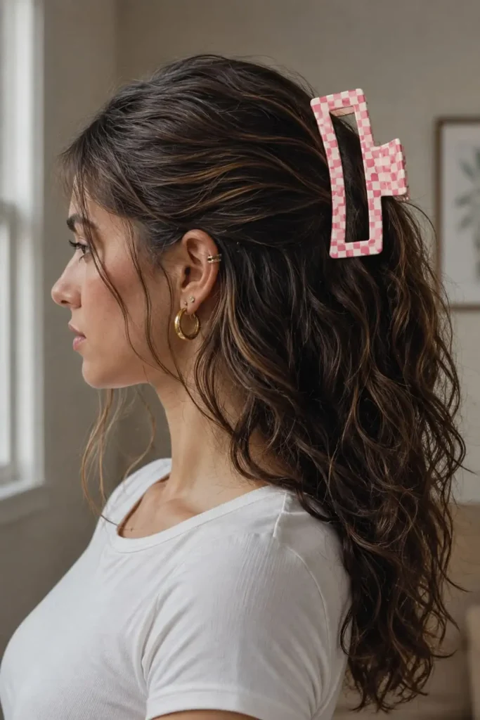 Half-up claw clip hairstyle for work