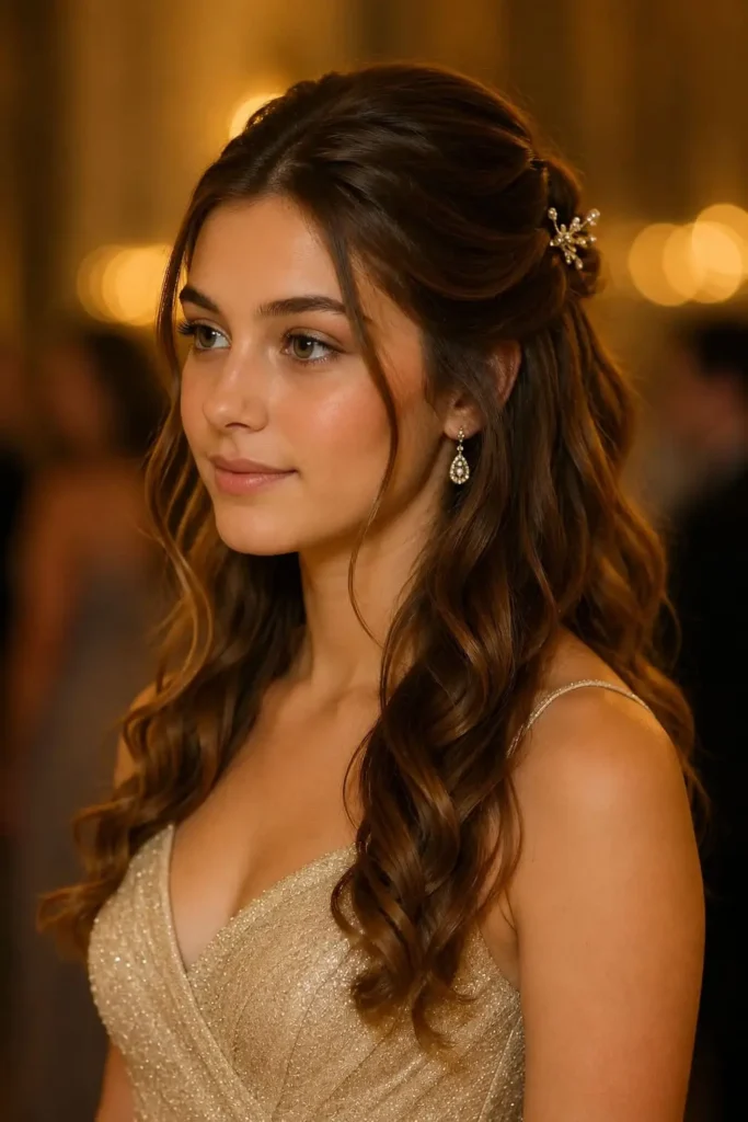 Half-up half-down prom hairstyle with soft curls and volume