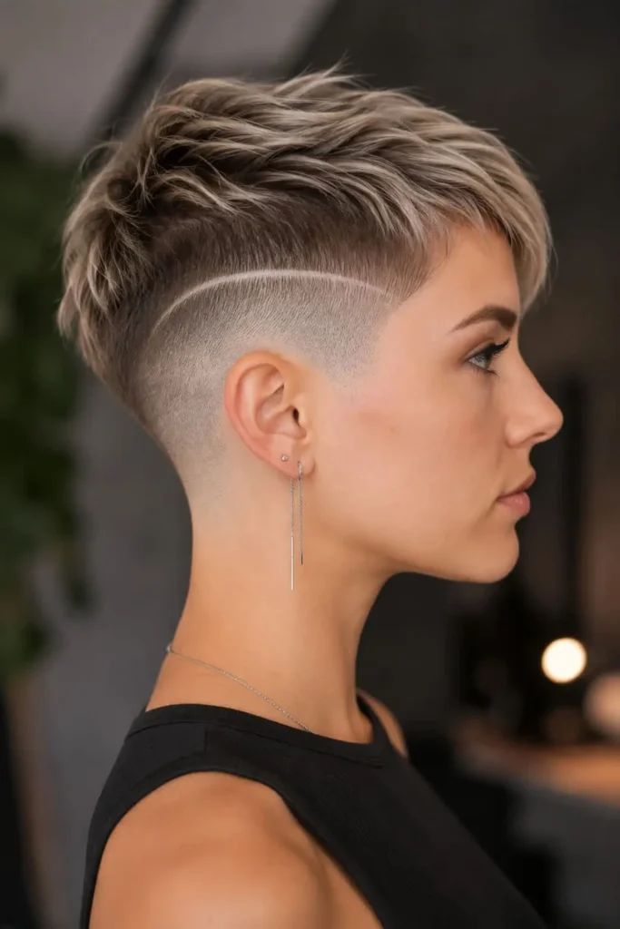 High fade pixie haircut for women with textured crown and side bangs