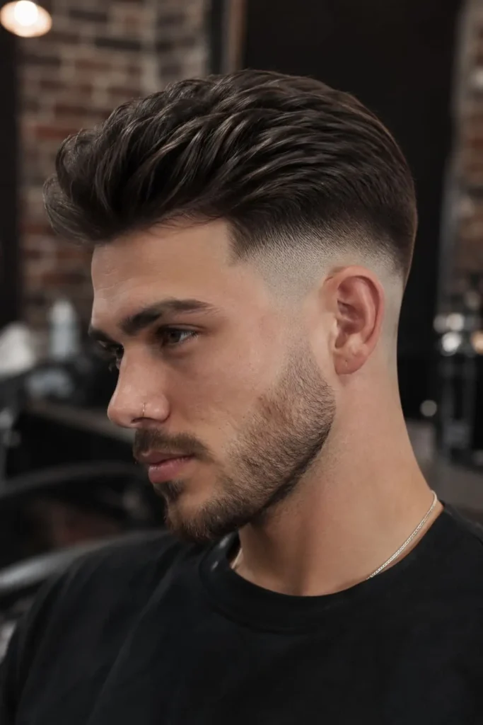High taper fade haircut with tight temple blending and textured volume on top