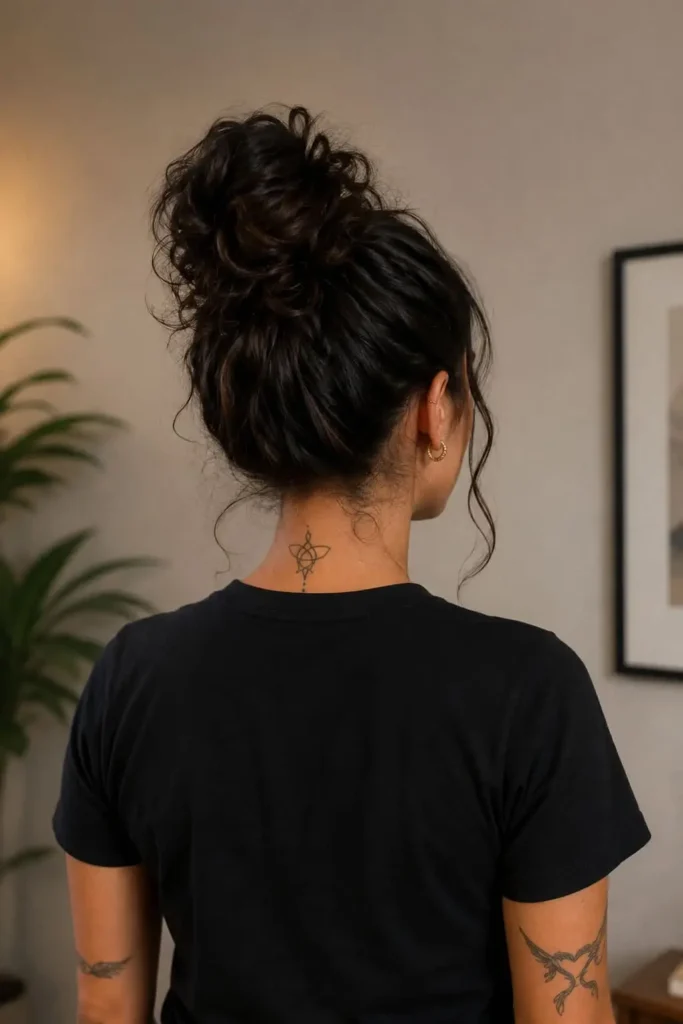 High topknot hairstyle for a polished office look