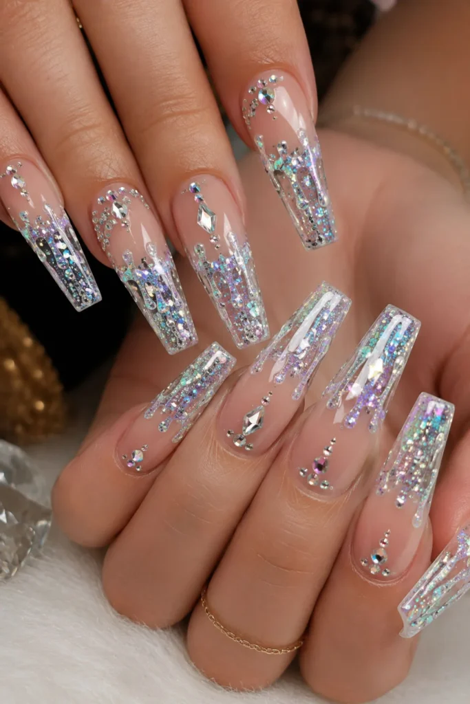 Holographic Glitter Drip French Tips