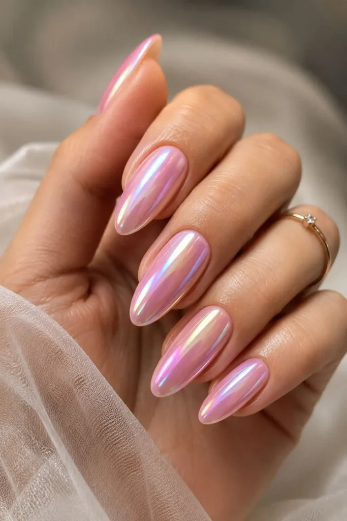 Holographic iridescent pink chrome almond nails with pink gold reflections
