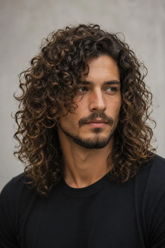 Men's hybrid multi-texture perm transitioning from tight crown curls to loose waves