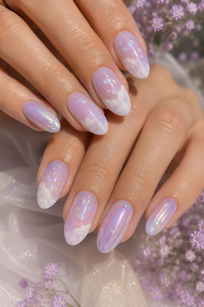 Iridescent lavender cloud tip graduation nails with a soft pearl finish