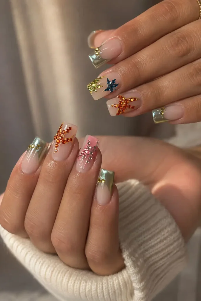 Jeweled starfish gel nails with delicate ocean-inspired crystal nail art