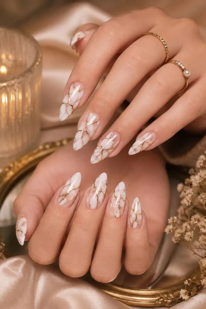 Kintsugi gold birthday nails with milky marble and metallic gold cracks