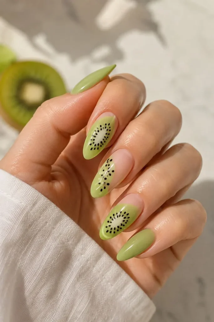 Kiwi zest gel nails with lime green polish and realistic kiwi-inspired nail art