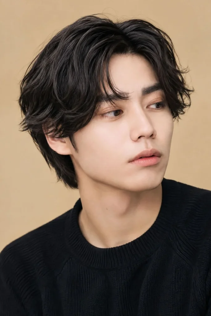 Men's Korean wave perm with soft flowing waves and face-framing fringe