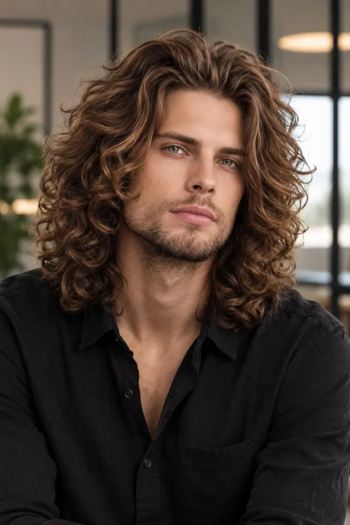 Men's layered perm with voluminous curls, layered movement, and textured ends