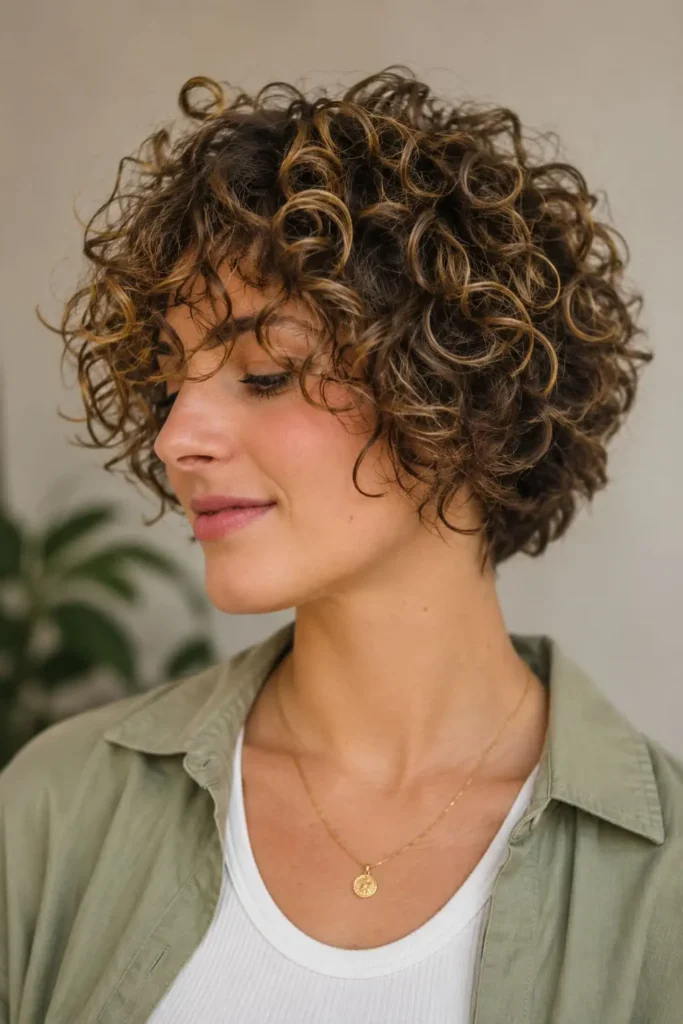 Layered chin-length curly bob hairstyle that frames the face for women over 30