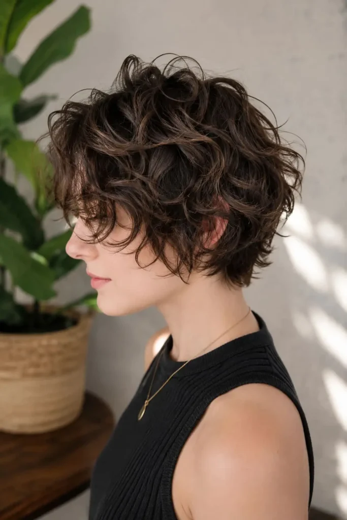 Layered short curly haircut with natural movement for women over 30