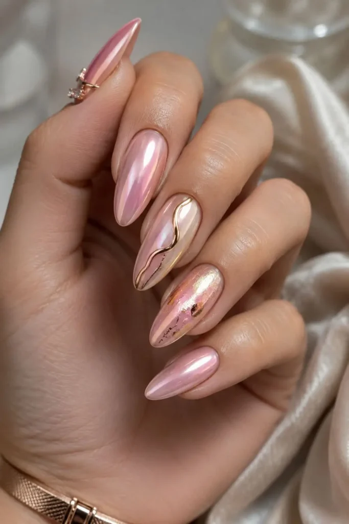 Light pink chrome nails ideas with gold and rose gold accents