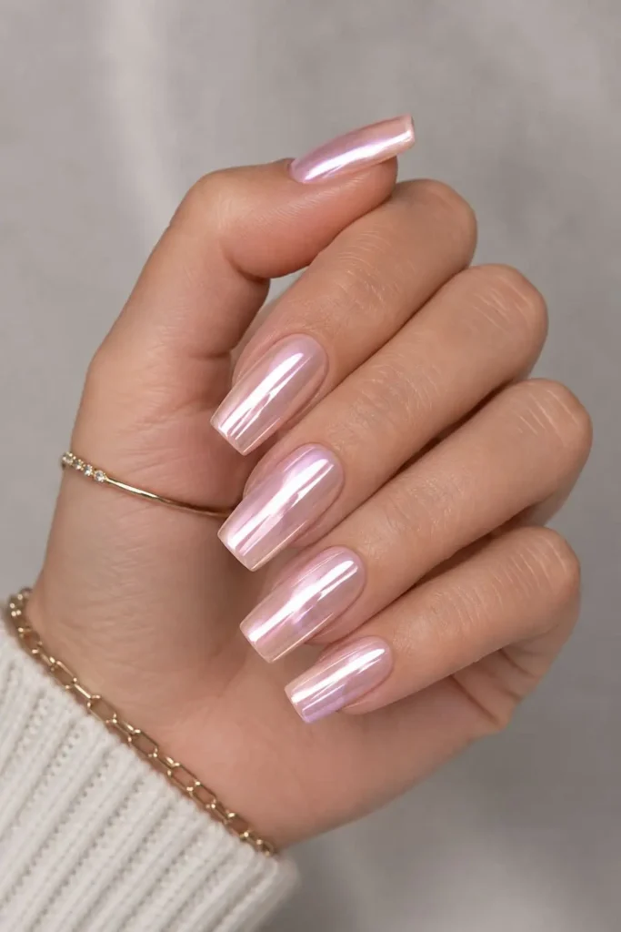 Light pink chrome square nails with a smooth pearlescent finish