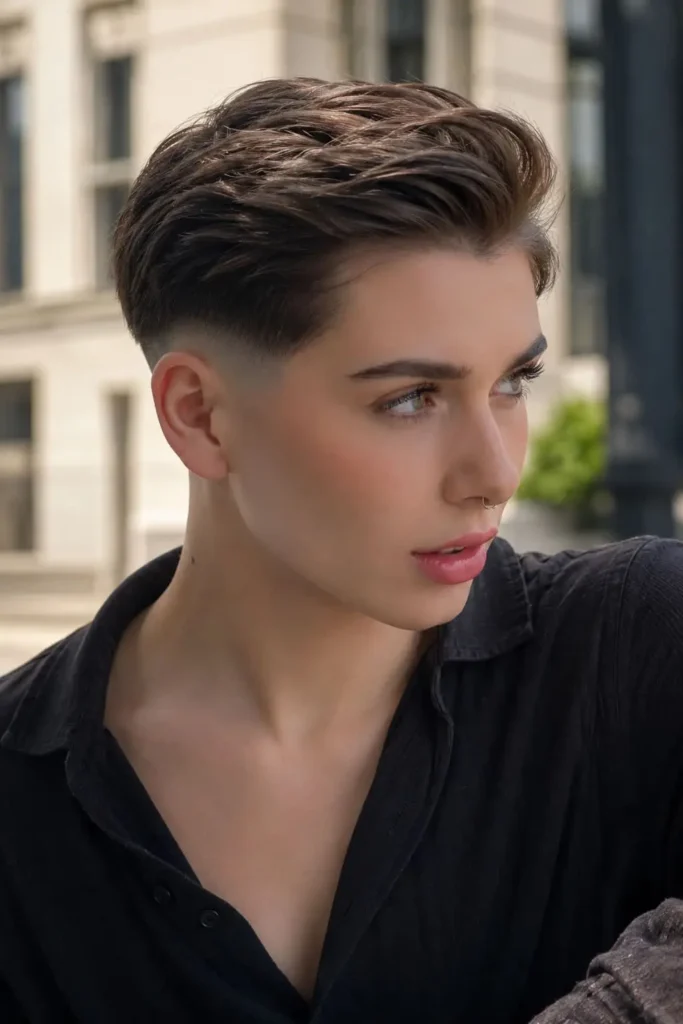 Long combover pixie haircut with low fade for women