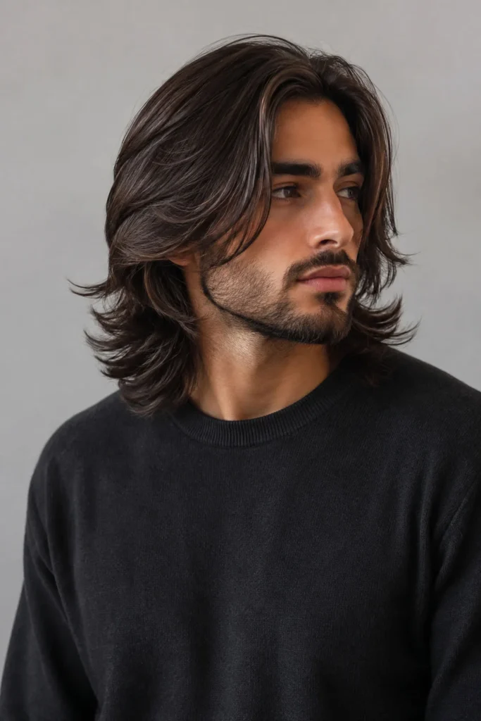 Long layered haircut for men with thick hair and center part