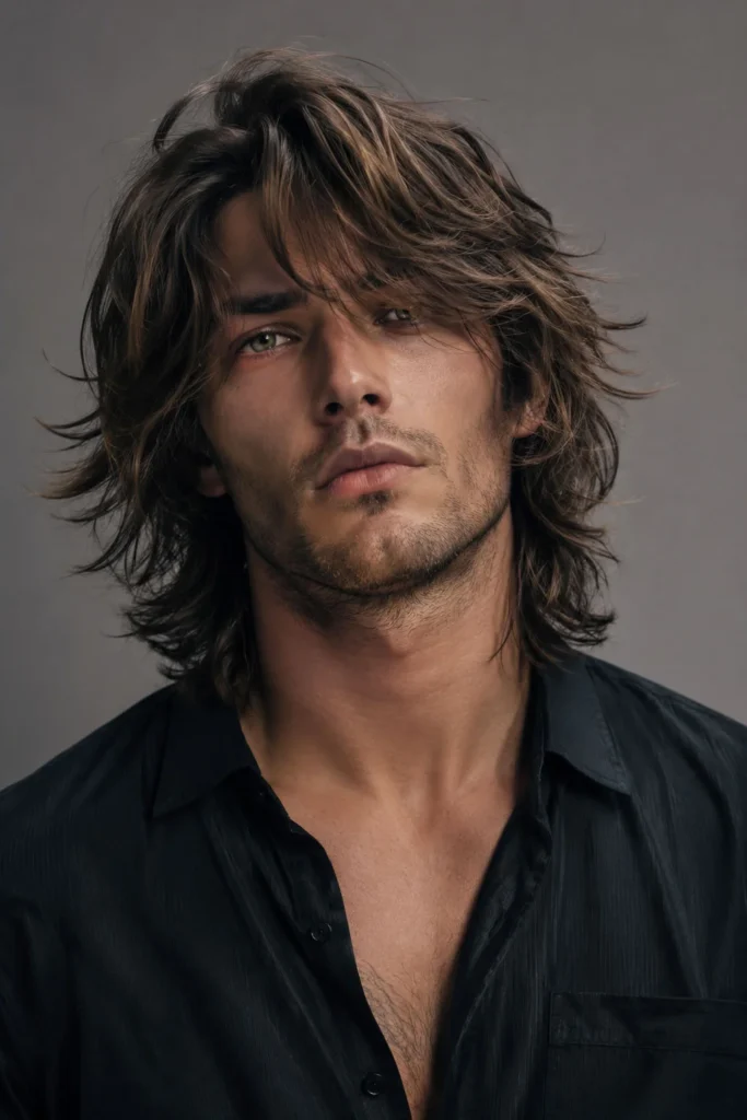Long shag haircut for men with layered tousled texture