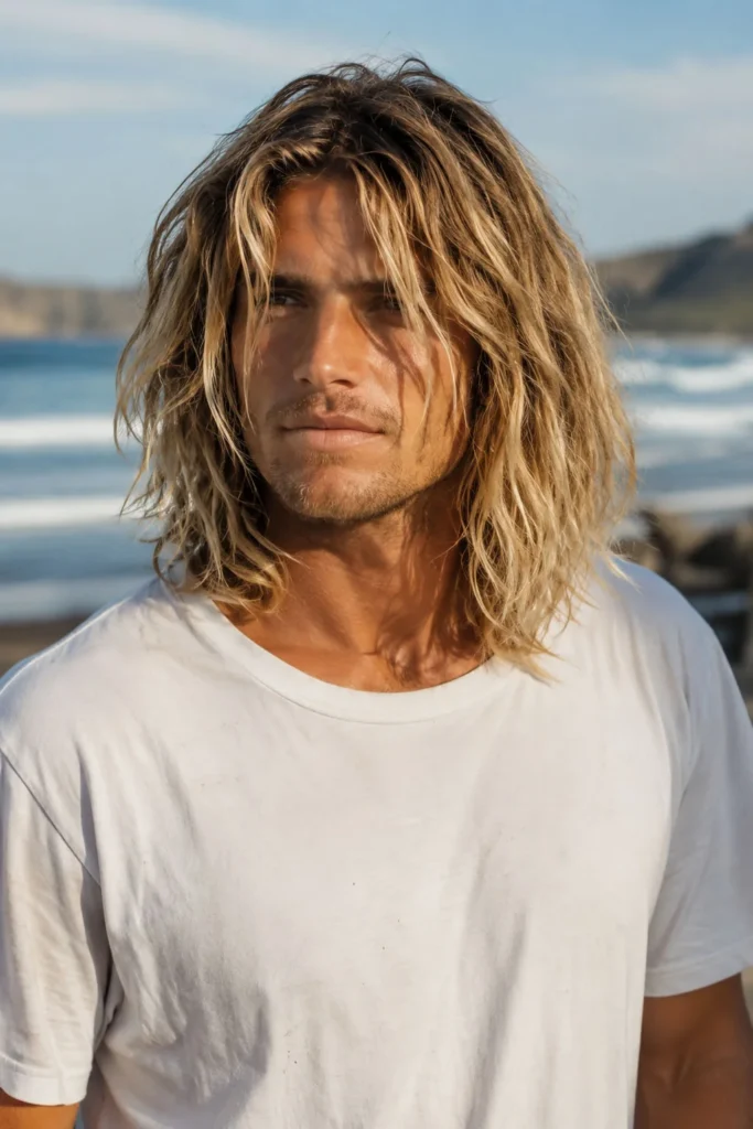 Long surfer shag hairstyle for men with textured waves