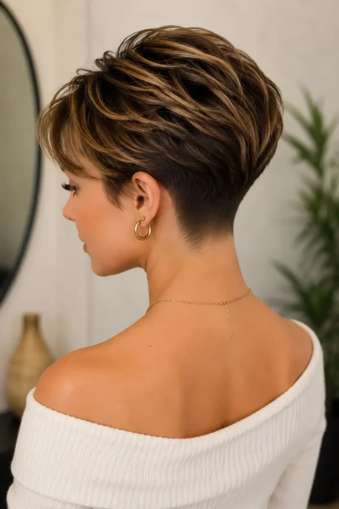 Long top hairstyle with tapered nape and layered texture for women