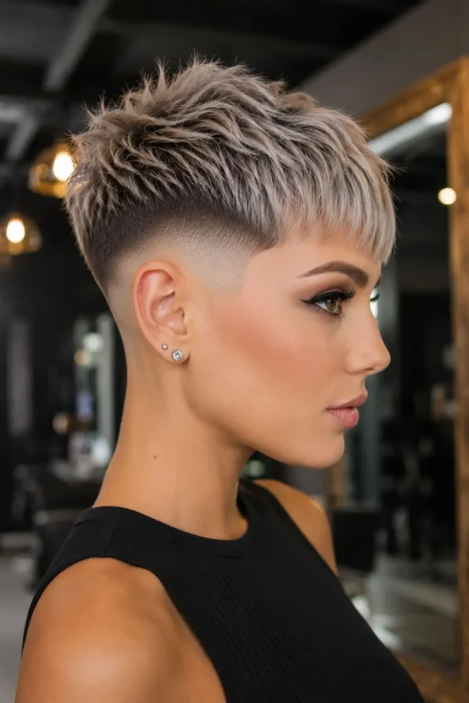 Low fade hairstyle for women with textured top and wispy fringe