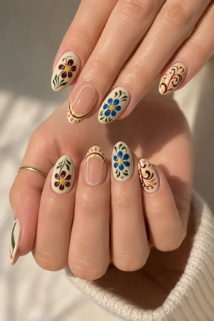 Mediterranean-inspired mosaic gel nails with colorful geometric tile patterns