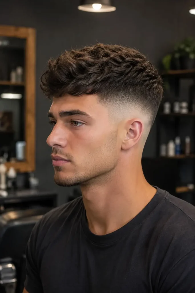 Mens skin fade haircut with a smooth blend from bare skin to longer hair