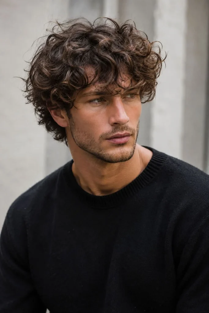 Men's messy textured perm with tousled irregular curls and natural volume