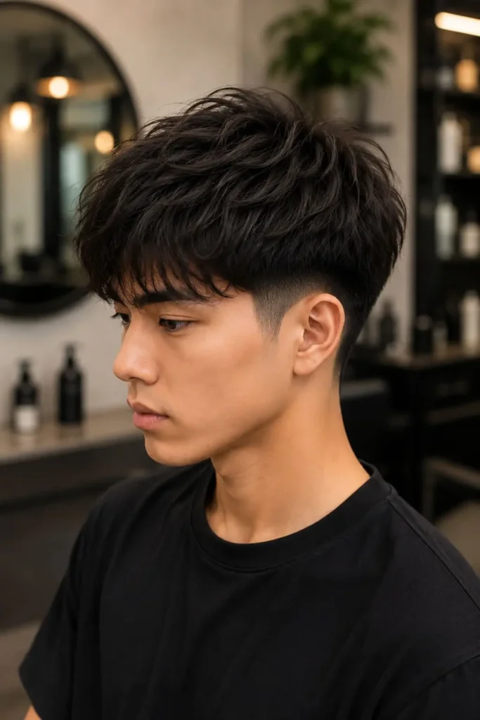 Mid fade ice cream haircut with sharp contrast and rounded top