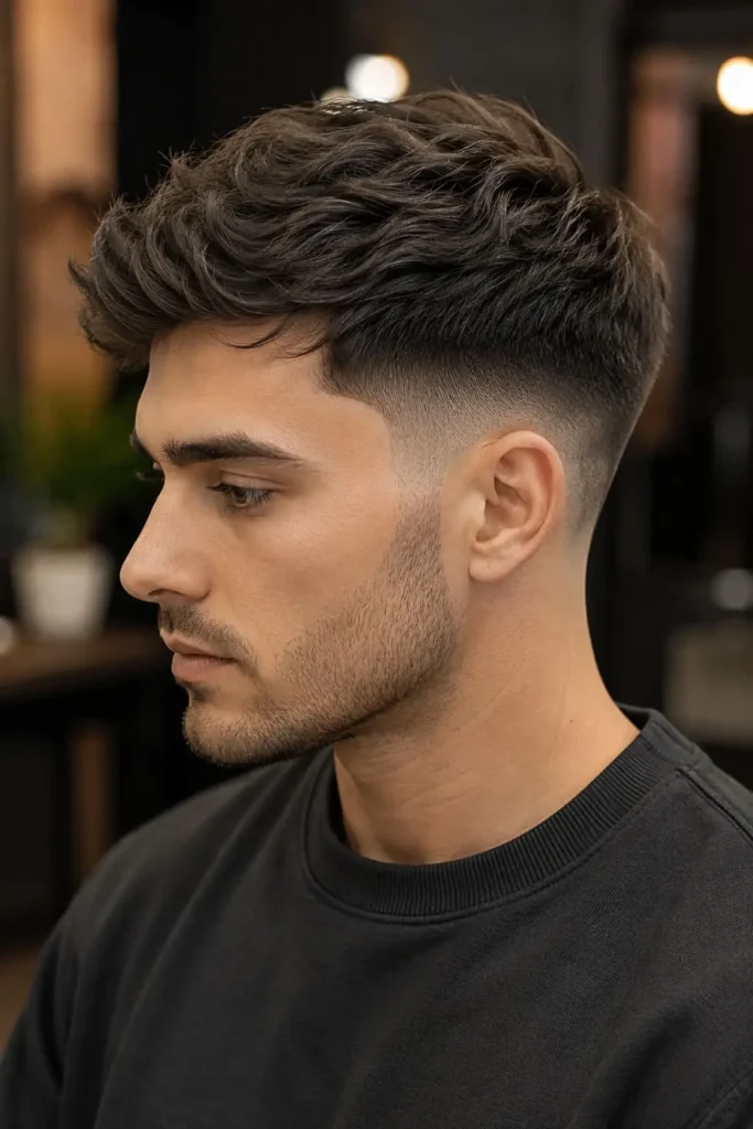 Mid taper fade haircut with textured volume and a clean blended neckline