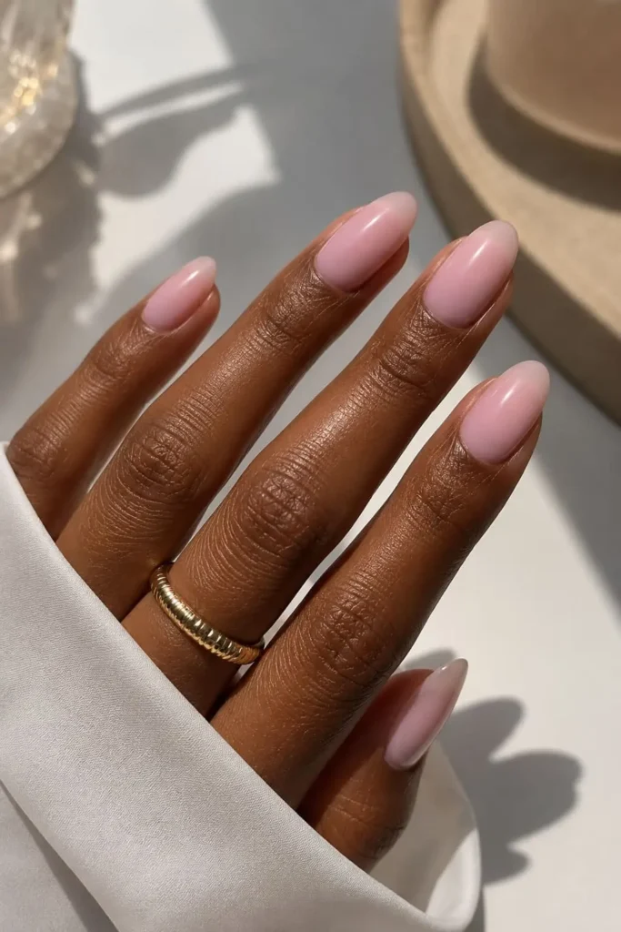 Milky lilac nude nails with a soft creamy lavender finish