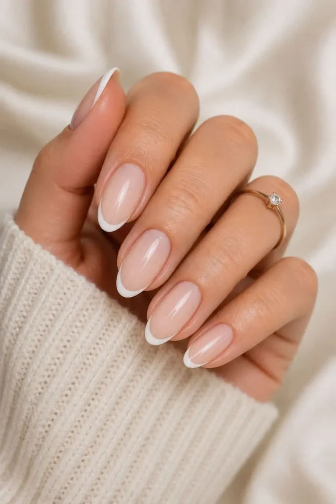 Minimalist French tip nails with a natural nude base