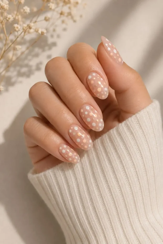 Minimalist nude polka dot nails with delicate evenly spaced neutral dots
