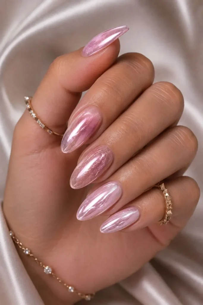 Mixed-base pink chrome nails designs with subtle glitter and layered shine