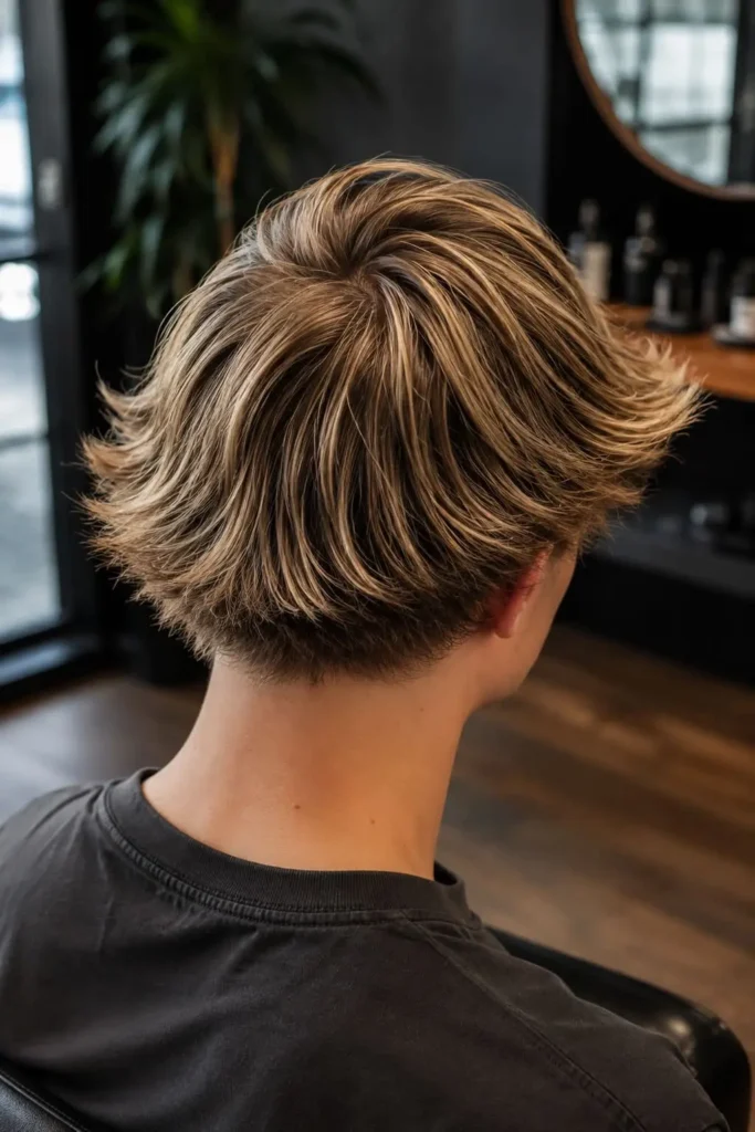 Modern bowl cut with textured brushy ends for men