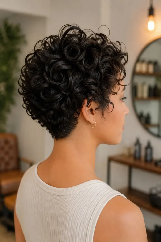 Modern curly pixie haircut with a tapered back for women over 30