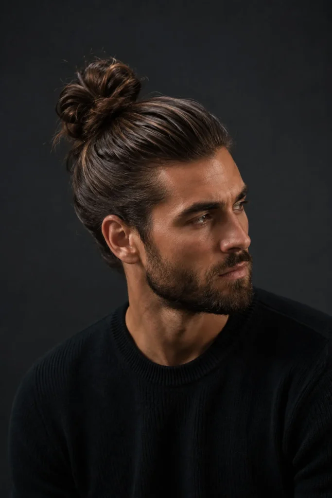 Modern top knot hairstyle with tapered sides for men