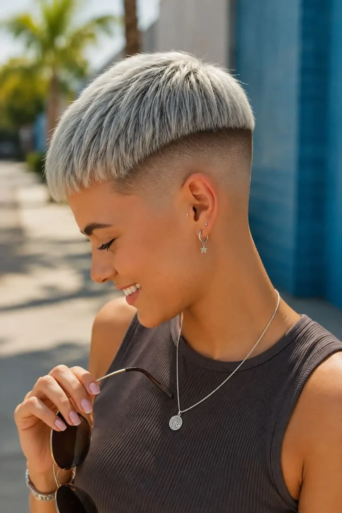 Modern womens bowl cut with platinum hair and high fade