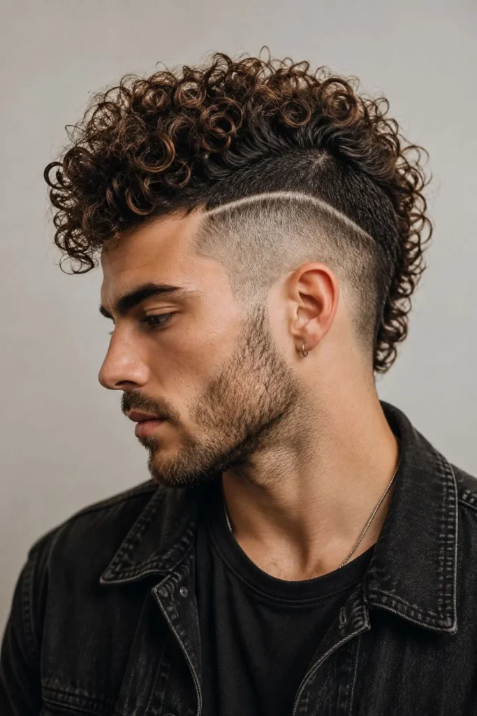 Men's mohawk perm with concentrated curly texture along the center and faded sides