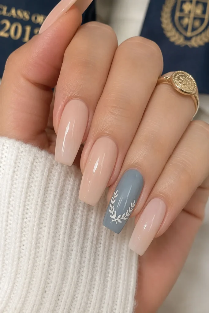 Natural blue coffin graduation nails with a delicate white laurel wreath accent