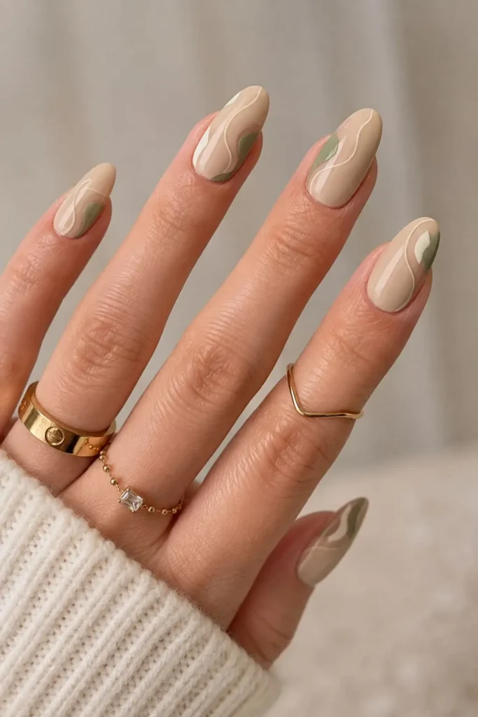 Negative space swirl gel nails with colorful curved lines and glossy finish