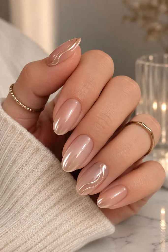 Nude chrome ombre nails with subtle metallic swirls and glossy finish