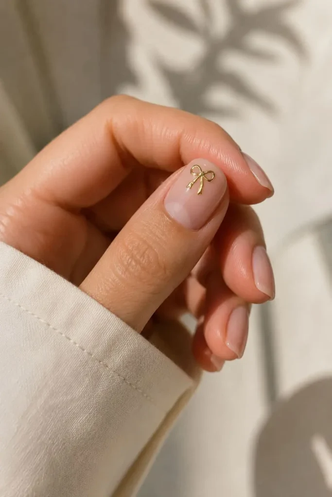 Nude gel nails with metallic chrome Old English lettering and number accents