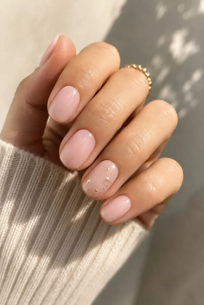 Nude nails with delicate gold details and minimalist metallic accents