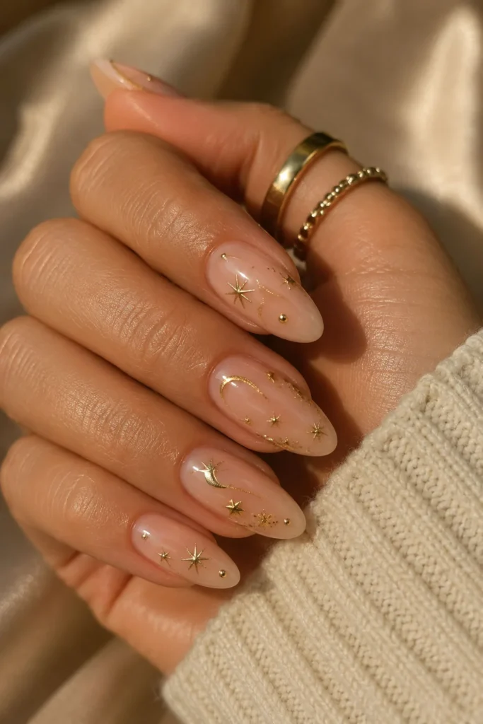 Nude graduation nails with delicate gold star accents and metallic details