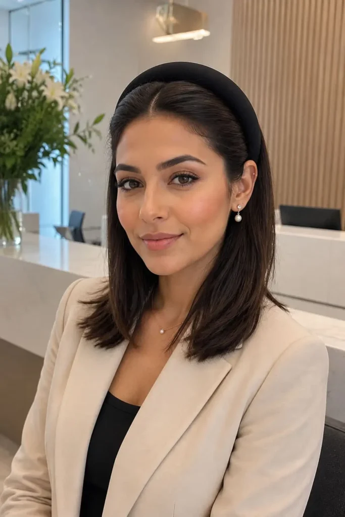 Padded headband hairstyle for a professional workday