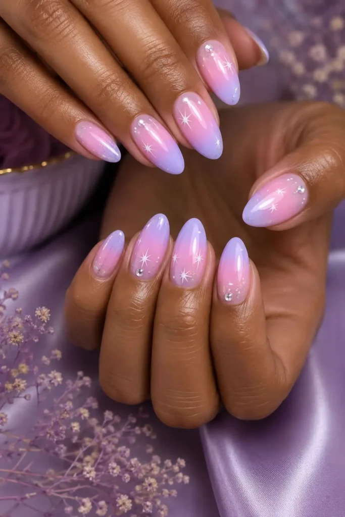 Pastel Pierrot birthday nails with lavender aura and white star details