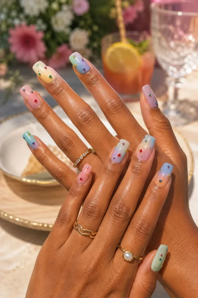 Pastel birthday nails with tiny 3D balloon accents and colorful ombre