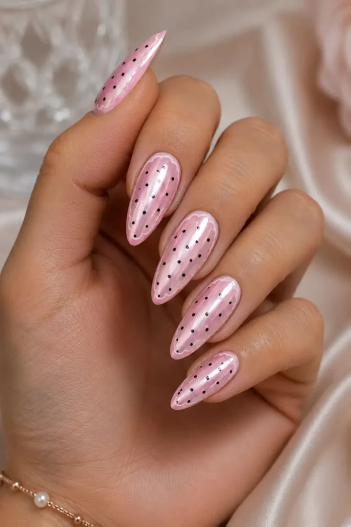Pastel pink chrome nails with black polka dots and scalloped details