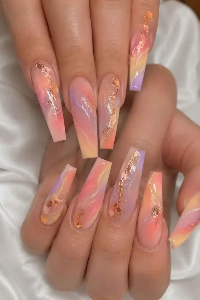 Pastel sorbet swirl coffin nails with gold and copper accents