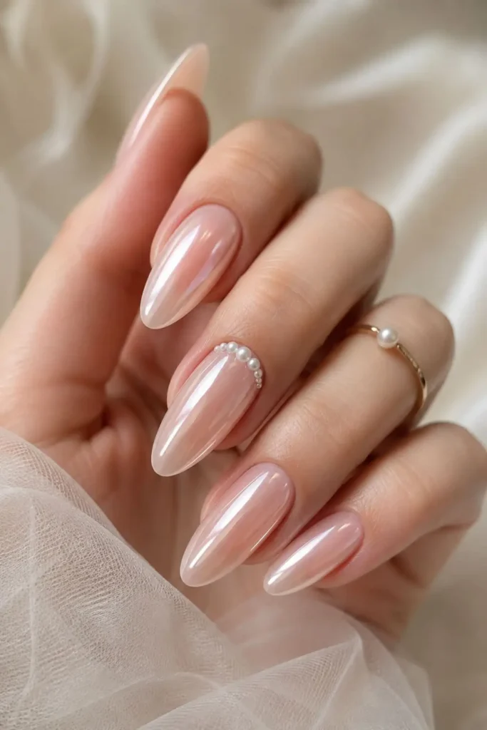 Pearl chrome pink almond nails with delicate white pearl accents